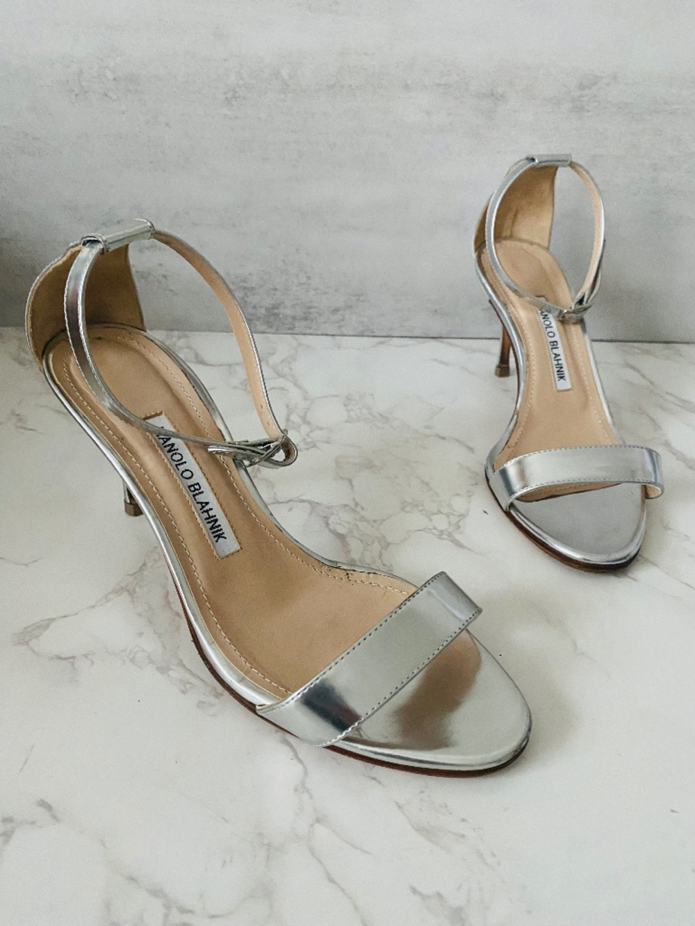 Manolo Blahnik Chaos Ankle-Strap Sandals 36.5 (6.5) Metallic High Heel Bridal